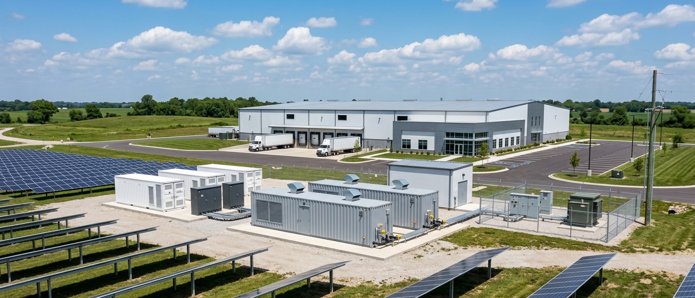 Aerial view of a distributed energy resource compound with modular containerized storage, switchgear, and a fenced interconnection yard